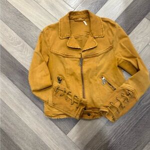 Free People Yellow Jean Jacket with Lace-Up Sleeves
